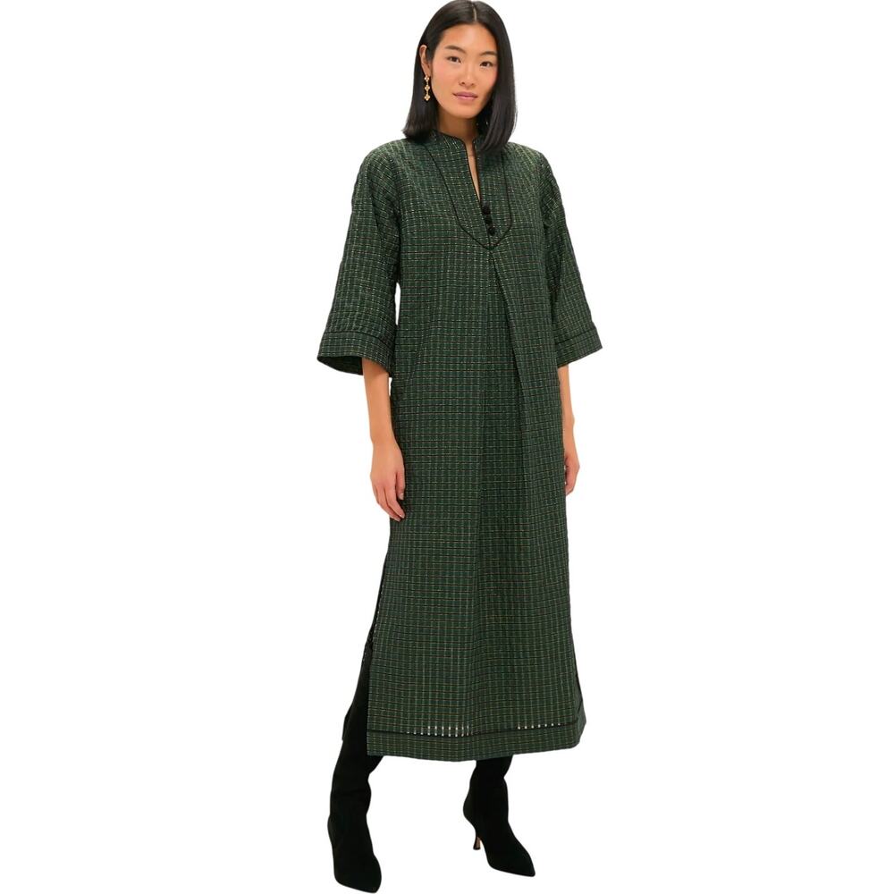Tuckernuck Indy Maxi Dress Metallic Green Plaid Stand Collar Size Large